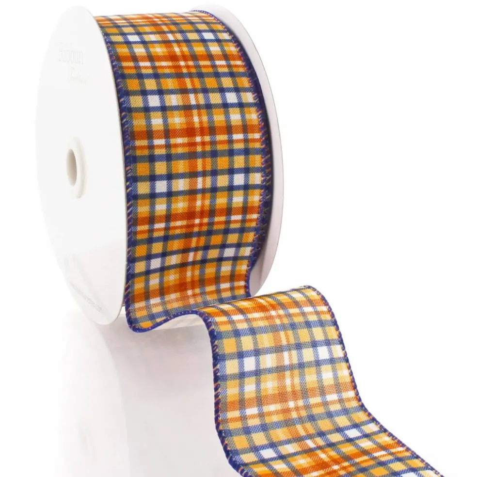 2 1/2" Wired Ribbon Fall Plaid Gold/Navy/Rust Orange 25 Yards