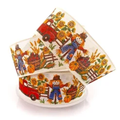 2 1/2" Wired Ribbon Fall Scarecrows and Sunflowers 10 Yards