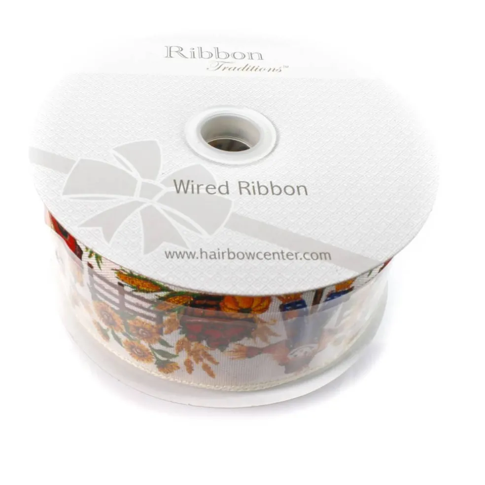 2 1/2" Wired Ribbon Fall Scarecrows and Sunflowers 10 Yards