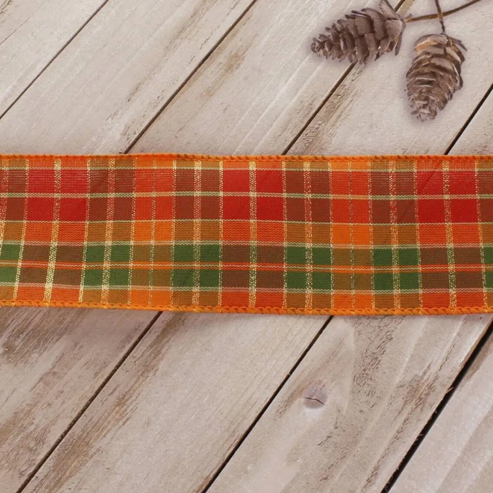 2 1/2" Wired Ribbon Fall Traditional Plaid Orange/Green 10 Yards