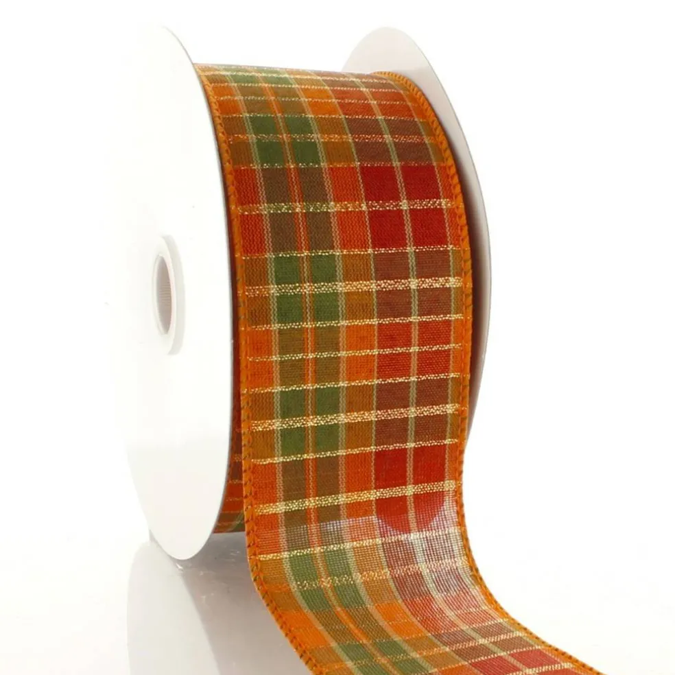 2 1/2" Wired Ribbon Fall Traditional Plaid Orange/Green 10 Yards