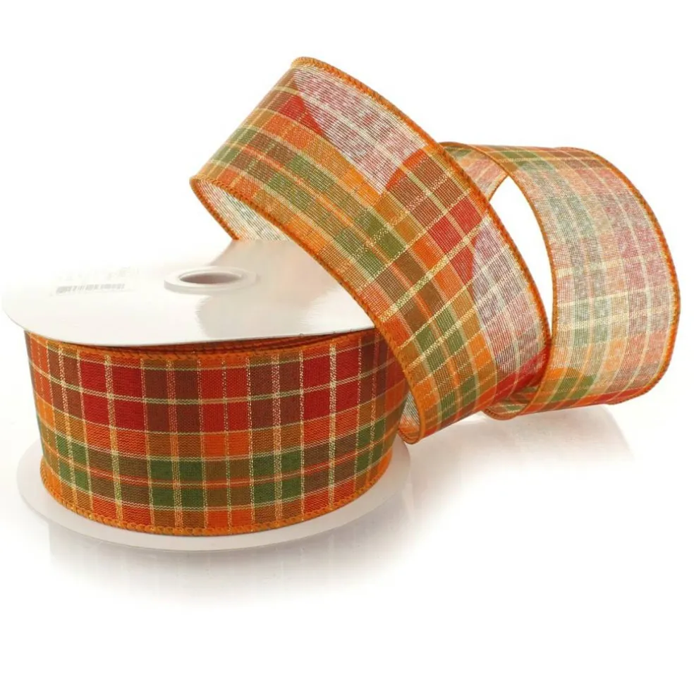 2 1/2" Wired Ribbon Fall Traditional Plaid Orange/Green 10 Yards