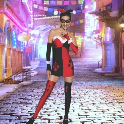 Womens Harley Quinn Costume with Dress Mask and Thigh High Stockings