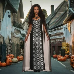 Womens Mortalia Costume Full Length Dress Skull Jacquard Trim Halloween
