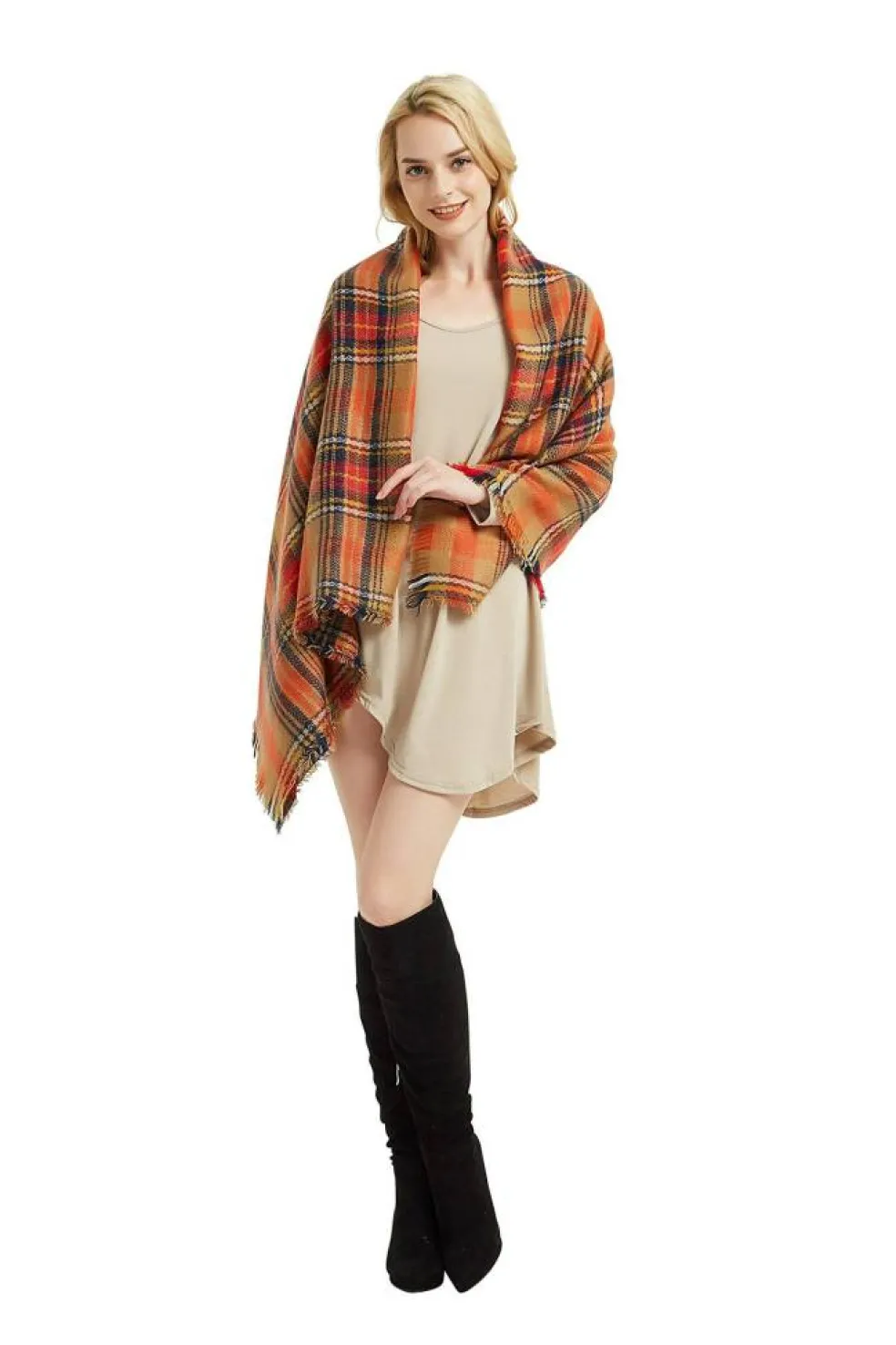 Women's Plaid Blanket Fall Winter Scarf Wrap Oversized Shawl Orange for Halloween Thanksgiving