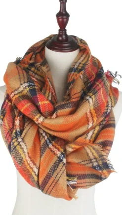Women's Plaid Blanket Fall Winter Scarf Wrap Oversized Shawl Orange for Halloween Thanksgiving