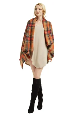 Women's Plaid Blanket Fall Winter Scarf Wrap Oversized Shawl Orange for Halloween Thanksgiving
