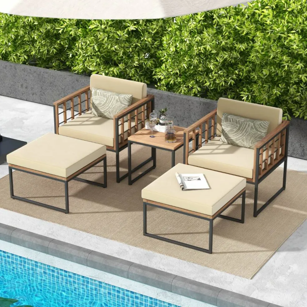 Wood and Metal Patio Seating Set with Multi functional Ottomans outdoor