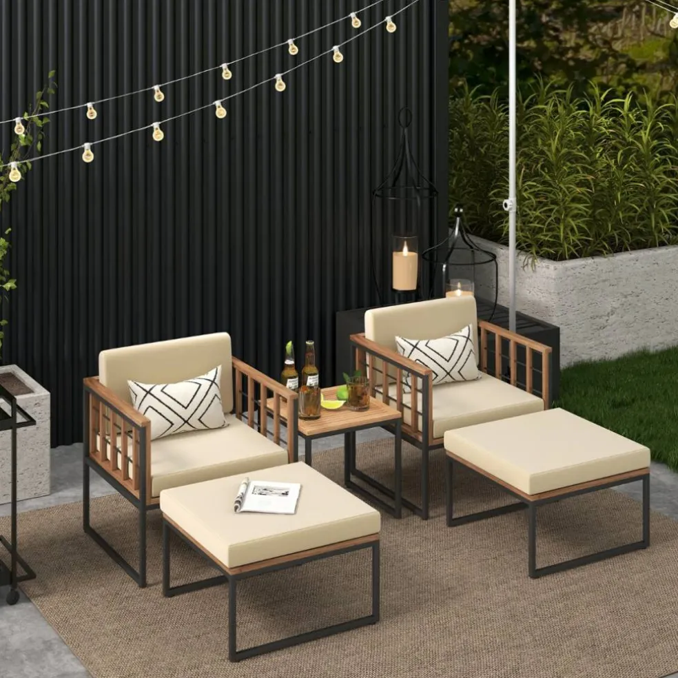 Wood and Metal Patio Seating Set with Multi functional Ottomans outdoor