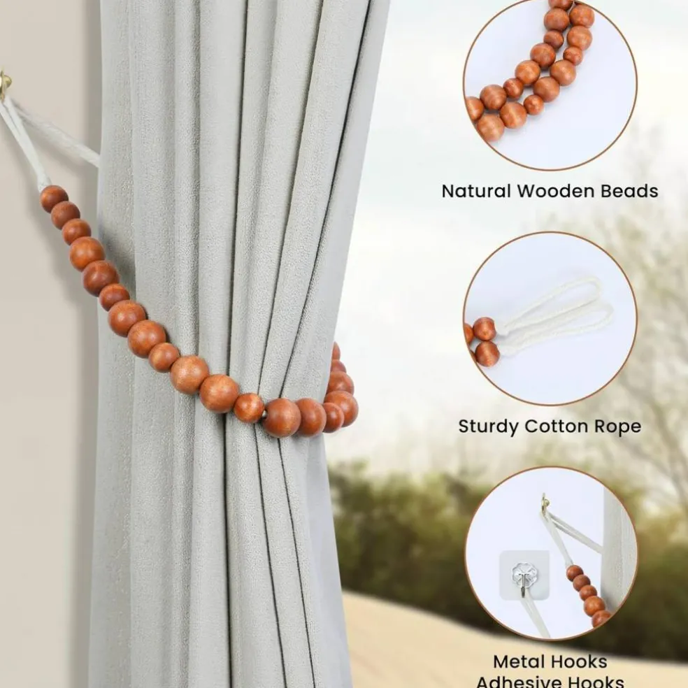 Wood Bead Curtain Tiebacks Set of 6 Curtain Holdbacks for Thin