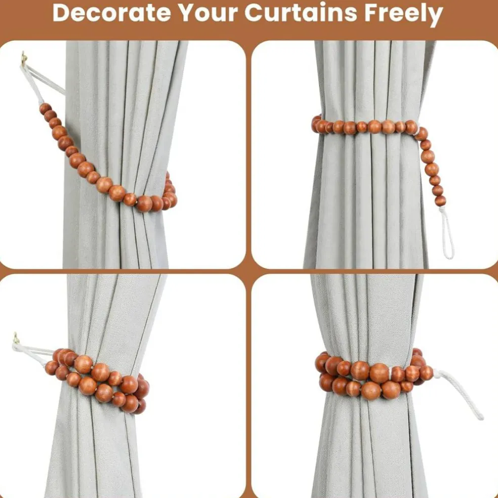 Wood Bead Curtain Tiebacks Set of 6 Curtain Holdbacks for Thin