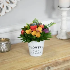 7.5" Wooden Artificial Spring Floral Arrangement with Flowers & Garden Pot