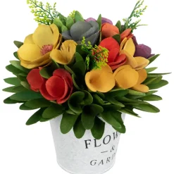 7.5" Wooden Artificial Spring Floral Arrangement with Flowers & Garden Pot