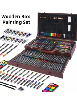 Wooden Box Painting Set 140pcs Deluxe Art Set with Crayons, Acrylic Paints, Colored Pencils