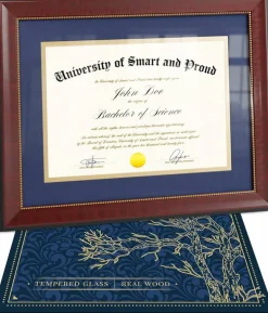 Wooden College Diploma Frame 8.5 x 11 – Blue Mat with Golden Rim – Certificate Frame 11x14 without Mat – Graduation Gift – Degree Frame and Certificate Holder College – Document Frame