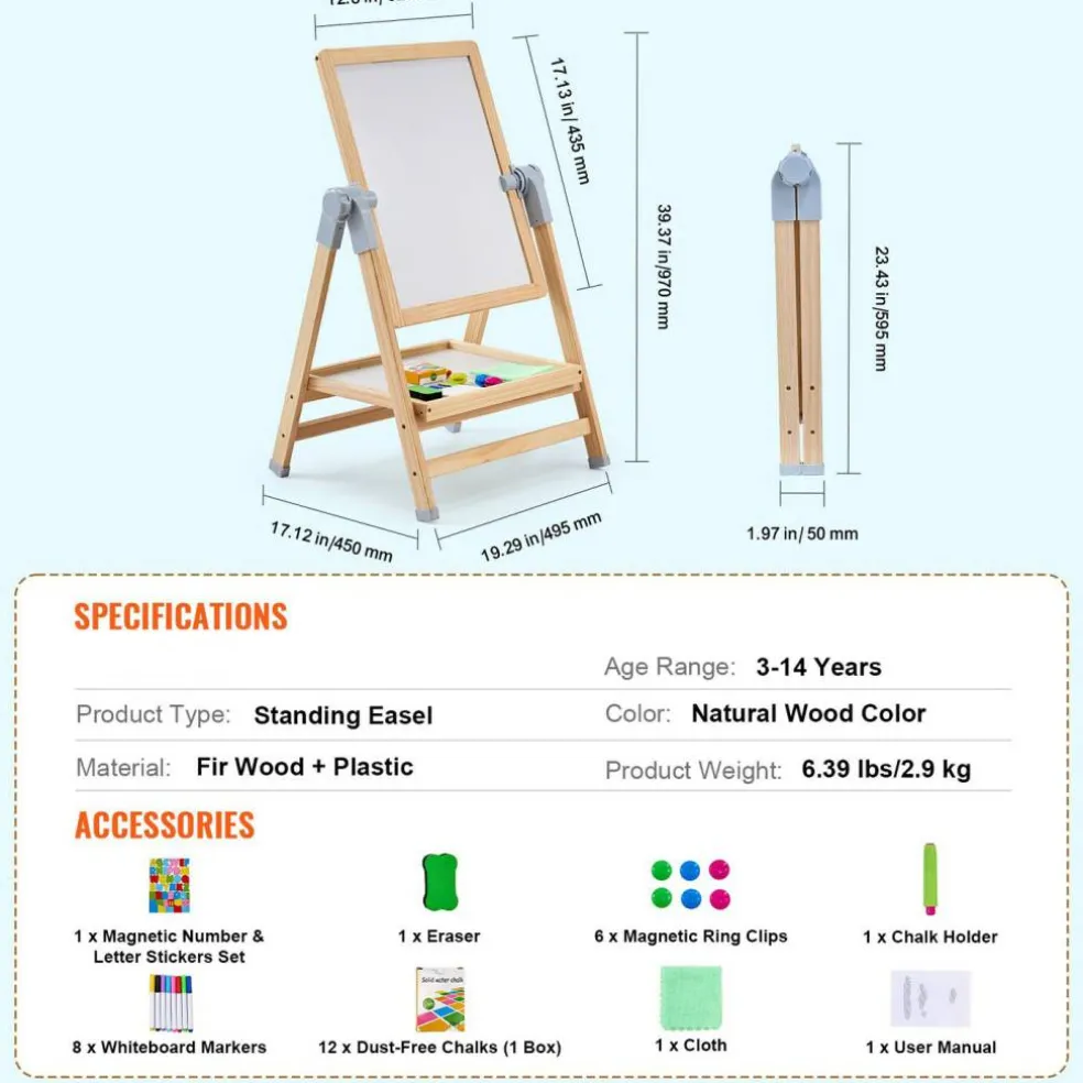 Wooden Kids Art Easel Double Sided with Whiteboard and Chalkboard Adjustable Stand