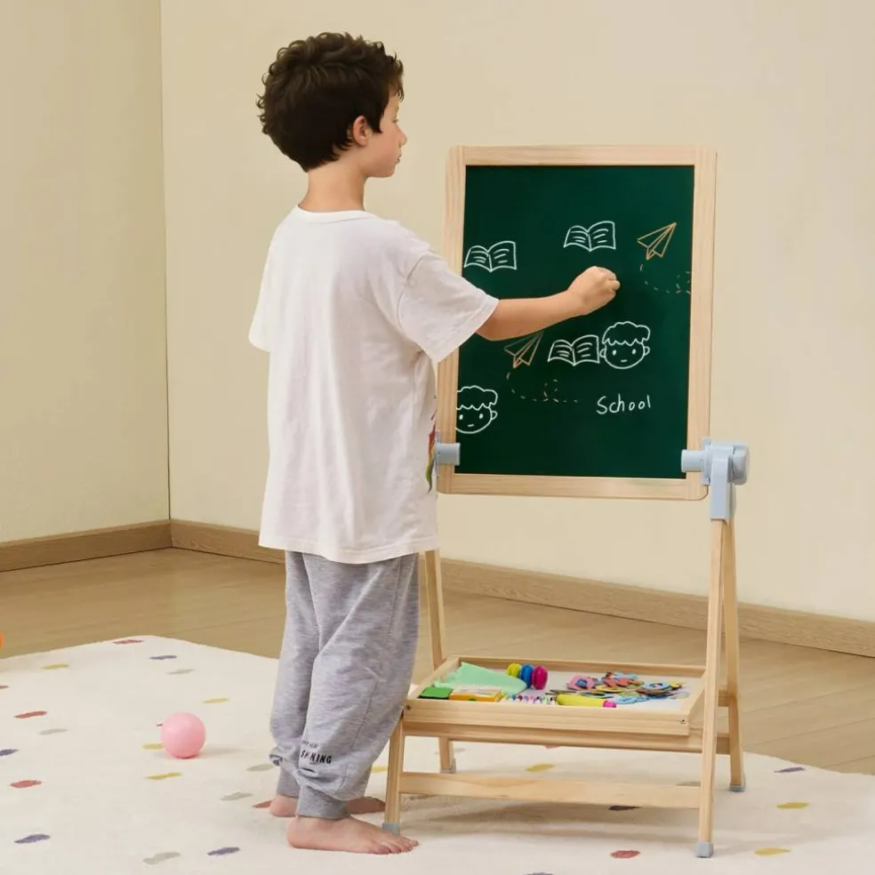 Wooden Kids Art Easel Double Sided with Whiteboard and Chalkboard Adjustable Stand
