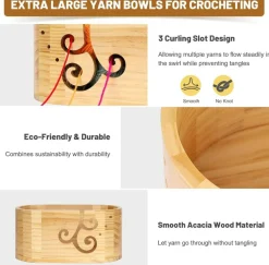Wooden Yarn Bowl for Knitting, Yarn Holder for Crocheting with 3 Holes (light-brown)
