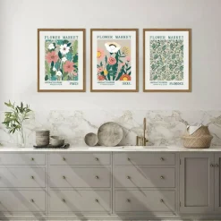 Wood Framed Flower Market Wall Art Set of 3 Vintage Floral Canvas Prints Abstract Botanical Pictures Colorful Aesthetic Floral Posters Farmhouse Boho Home Decor 12x16 Inch