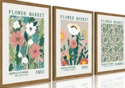 Wood Framed Flower Market Wall Art Set of 3 Vintage Floral Canvas Prints Abstract Botanical Pictures Colorful Aesthetic Floral Posters Farmhouse Boho Home Decor 12x16 Inch