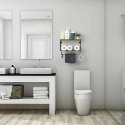 Wood & Metal Wall Mounted Bathroom Towel Rack with 6 Hooks