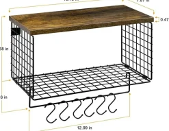 Wood & Metal Wall Mounted Bathroom Towel Rack with 6 Hooks
