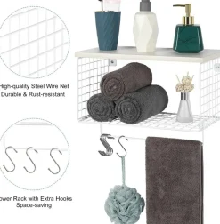 Wood & Metal Wall Mounted Bathroom Towel Rack with 6 Hooks