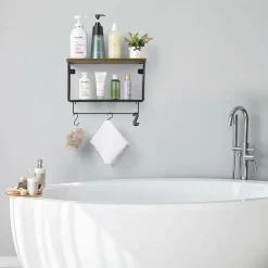 Wood & Metal Wall Mounted Bathroom Towel Rack with 6 Hooks