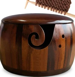 Wood Yarn Bowl with Lid, Crochet Bowls for Yarn,Knitting Yarn Bowl (7X4in)