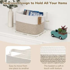 Woven Storage Basket, Cotton Rope Basket for Dog Toys, Books, Stylish Gift Basket with Handles, 13 x 10 x 9 Inches Square Baskets for Organizing, Brown and White