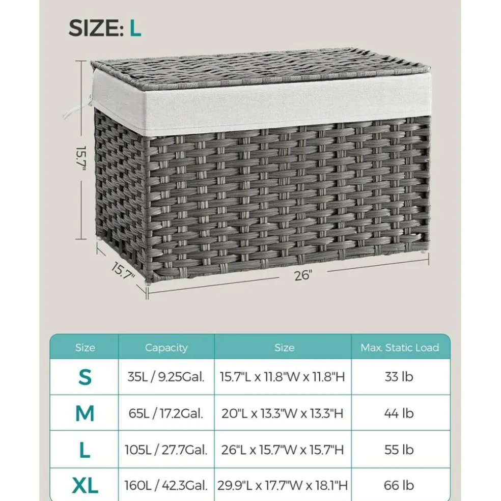 Woven Storage Basket with Lid Large 27.7 Gallon, Foldable Laundry Hamper with Metal Frame and Removable Liner for Home Storage