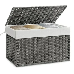 Woven Storage Basket with Lid Large 27.7 Gallon, Foldable Laundry Hamper with Metal Frame and Removable Liner for Home Storage
