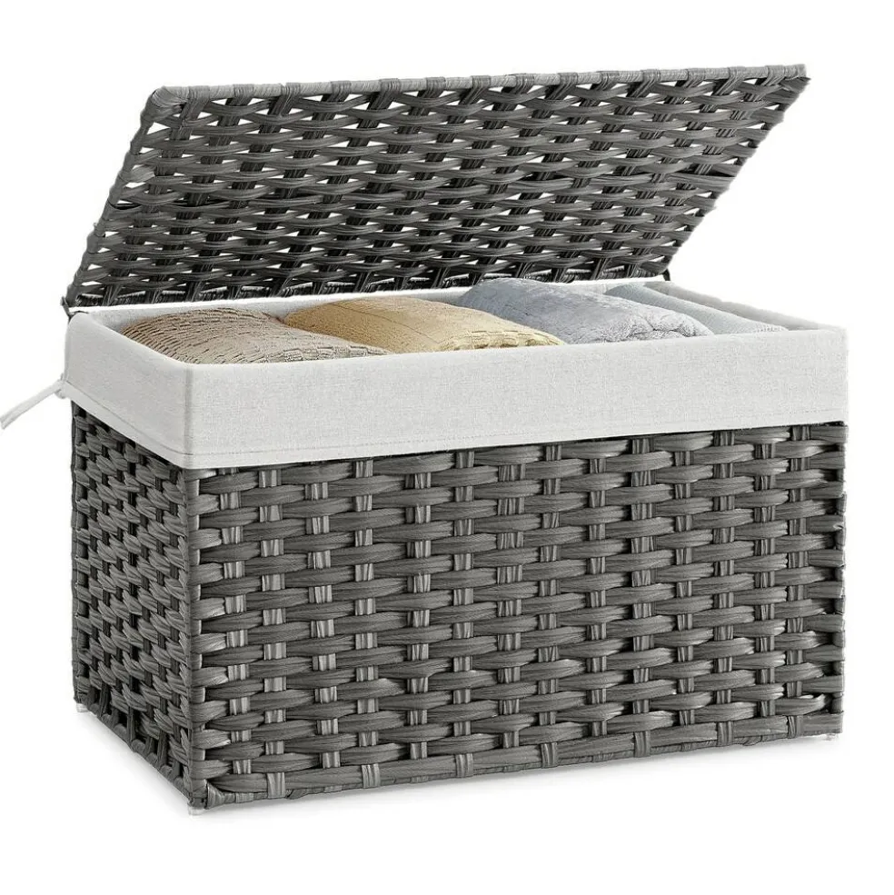 Woven Storage Basket with Lid Large 27.7 Gallon, Foldable Laundry Hamper with Metal Frame and Removable Liner for Home Storage