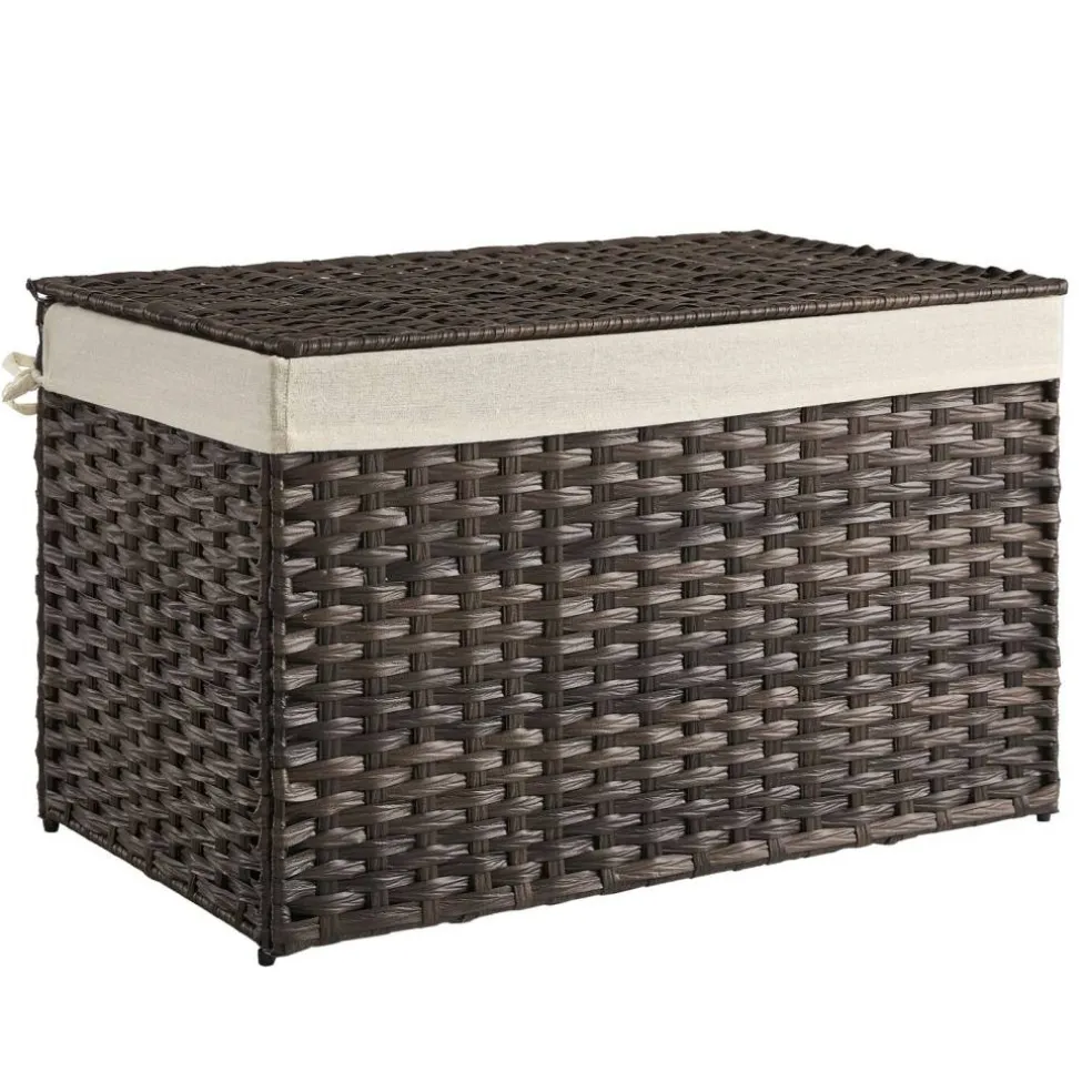 Woven Storage Basket with Lid Large 27.7 Gallon, Foldable Laundry Hamper with Metal Frame and Removable Liner for Home Storage