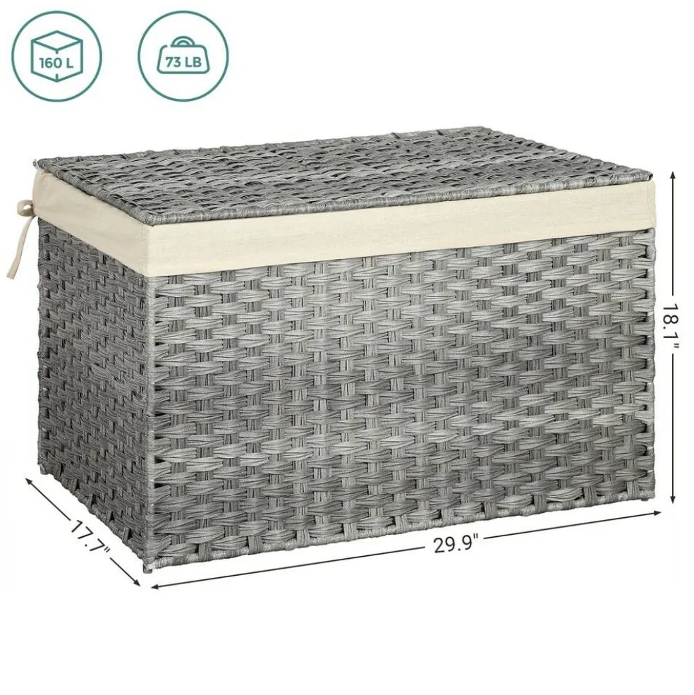 Woven Storage Basket with Lid Large 27.7 Gallon, Foldable Laundry Hamper with Metal Frame and Removable Liner for Home Storage