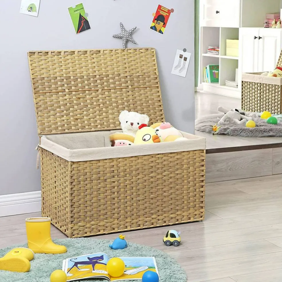 Woven Storage Basket with Lid Large 27.7 Gallon, Foldable Laundry Hamper with Metal Frame and Removable Liner for Home Storage