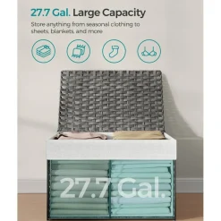 Woven Storage Basket with Lid Large 27.7 Gallon, Foldable Laundry Hamper with Metal Frame and Removable Liner for Home Storage