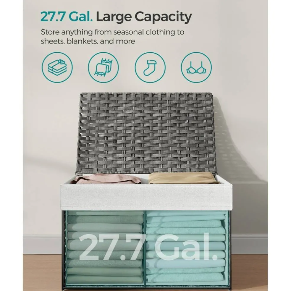 Woven Storage Basket with Lid Large 27.7 Gallon, Foldable Laundry Hamper with Metal Frame and Removable Liner for Home Storage