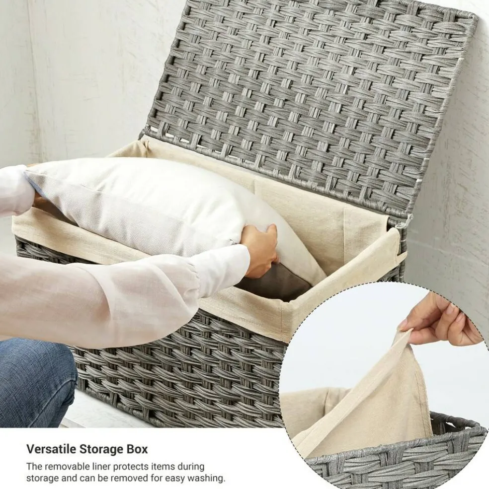 Woven Storage Basket with Lid Large 27.7 Gallon, Foldable Laundry Hamper with Metal Frame and Removable Liner for Home Storage
