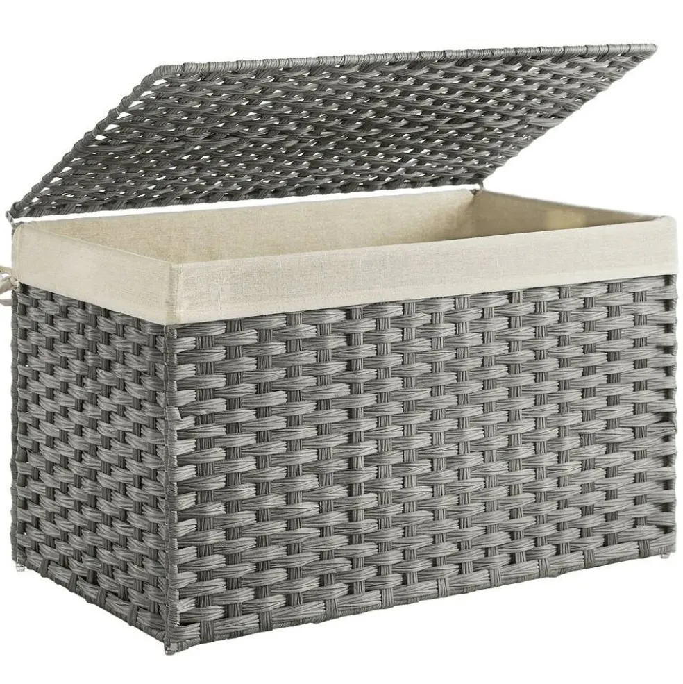 Woven Storage Basket with Lid Large 27.7 Gallon, Foldable Laundry Hamper with Metal Frame and Removable Liner for Home Storage
