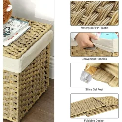 Woven Storage Basket with Lid Large 27.7 Gallon, Foldable Laundry Hamper with Metal Frame and Removable Liner for Home Storage