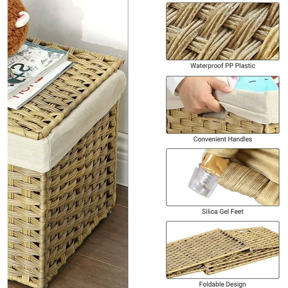 Woven Storage Basket with Lid Large 27.7 Gallon, Foldable Laundry Hamper with Metal Frame and Removable Liner for Home Storage