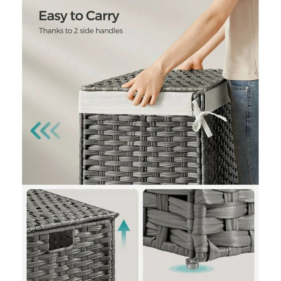 Woven Storage Basket with Lid Large 27.7 Gallon, Foldable Laundry Hamper with Metal Frame and Removable Liner for Home Storage