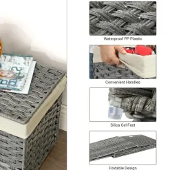 Woven Storage Basket with Lid Large 27.7 Gallon, Foldable Laundry Hamper with Metal Frame and Removable Liner for Home Storage