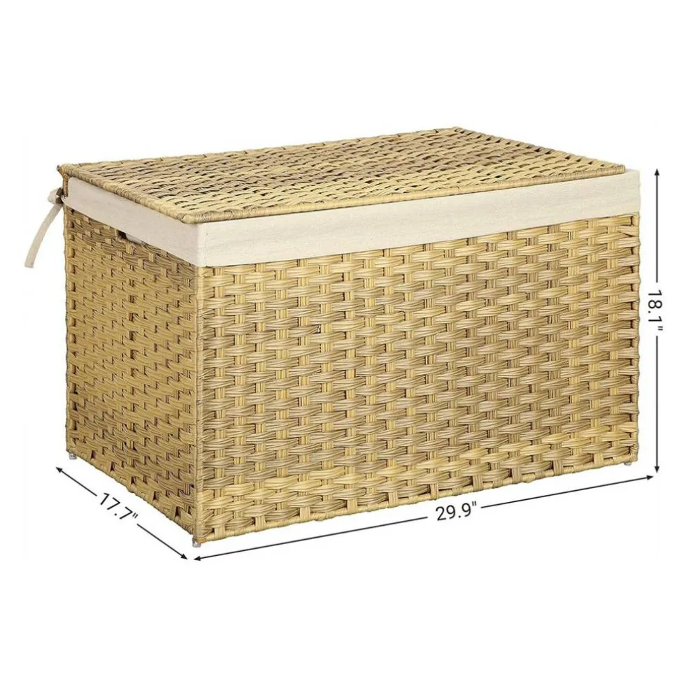 Woven Storage Basket with Lid Large 27.7 Gallon, Foldable Laundry Hamper with Metal Frame and Removable Liner for Home Storage