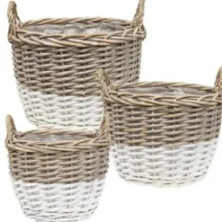 Woven Willow Basket with Handles, White Finish Storage Planters Set of 3