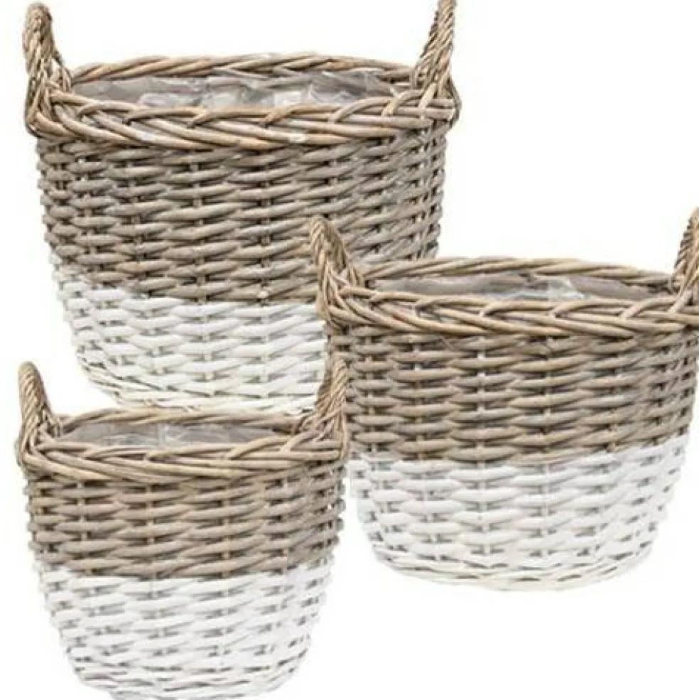 Woven Willow Basket with Handles, White Finish Storage Planters Set of 3