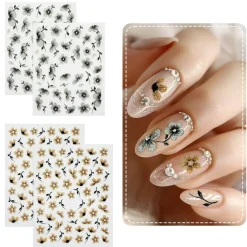 Wrapables 5D Embossed Colorful Flowers Nail Art Decal Stickers, Self Adhesive 3D Floral Design (Set of 4), Glitter Daisies