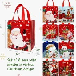 Wrapables Non-Woven Reusable Cheerful Christmas Gift Bags with Handles for Gift Wrap, Parties, Favors and Treats (Set of 8), Santa and Sleigh Ride