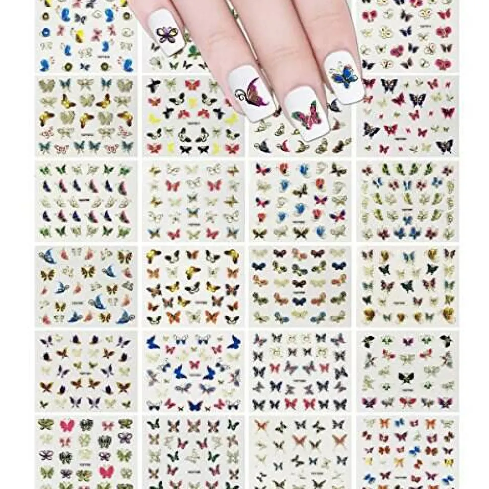 Wrapables 24 Sheets Multicolor Butterfly with Gold Trim Nail Stickers Nail Art Set (Multicolor Butterfly)